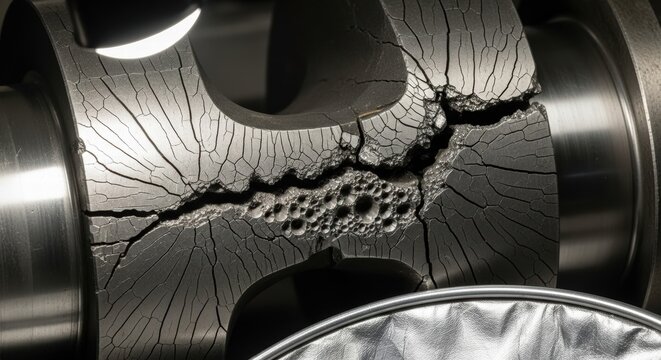Extreme macro view of a fractured metal component showing intricate crack patterns and surface defects