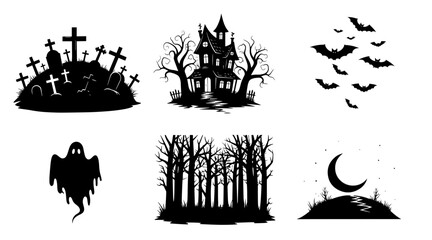 Fototapeta premium Spooky Halloween Night Silhouette Collection: Haunted House, Graveyard, Ghost, Bats, Forest, Moon