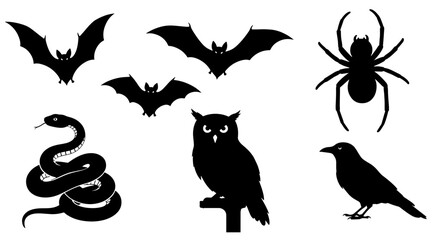 Halloween Silhouettes: Bats, Spider, Owl, Snake, Crow on White Background - Spooky Clip Art Collection