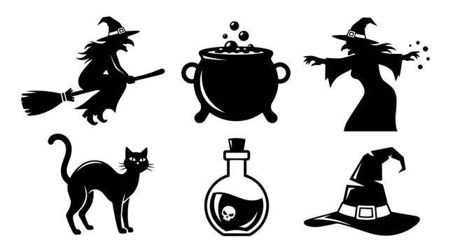 Halloween Witchcraft Silhouette Collection: Flying Witch, Cauldron, Black Cat, Potion Bottle, Witch Hat