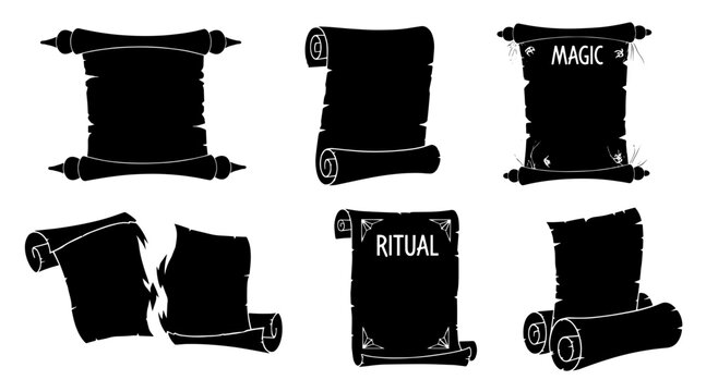 Set of 6 Halloween Scroll Silhouettes with Magical Symbols and Text, Black Isolated on White