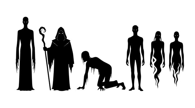Halloween Silhouettes: Spooky Figures Including Grim Reaper, Ghosts, and Crawling Monster on White Background