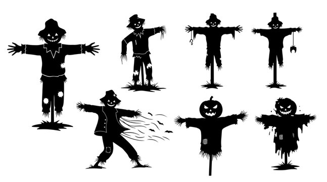 Silhouette Collection of Diverse Halloween Scarecrows with Spooky Faces and Rustic Outfits on White Background