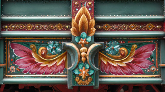 Close-up view of Pakistani truck art showing vibrant designs and patterns in a detailed setting