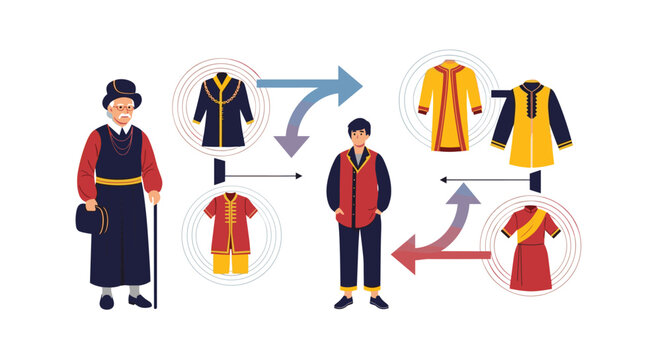 Illustration showing the design process and variations of traditional costumes for male characters.