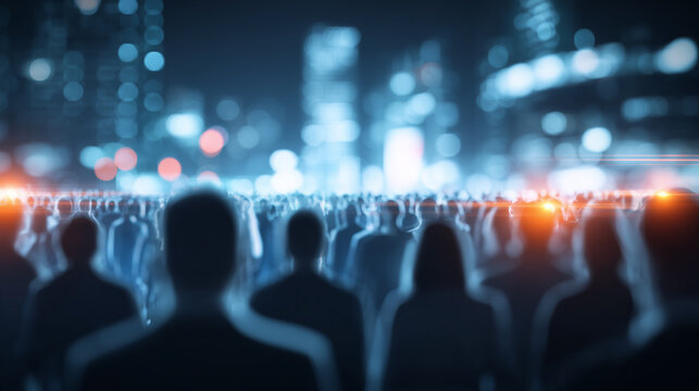 A crowd of people facing a modern city, symbolizing urban society, population data and digital transformation.
