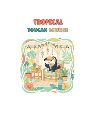 Fototapeta premium Cute Cartoon Toucan Relaxing With Fruit Cocktails In Tropical Resort Lounge