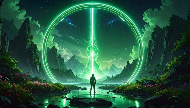 A person gazes at a glowing green portal above a river valley with lush vegetation, mountains, and a vibrant light show