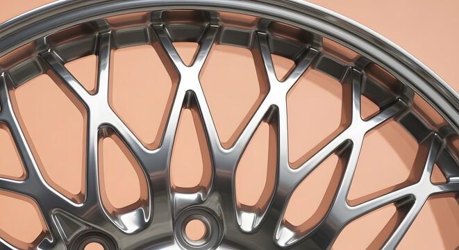 Close up of a custom mesh style alloy wheel rim on a peach background