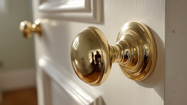 Shiny Polished Brass Round Door Knob on a White Paneled Door.
