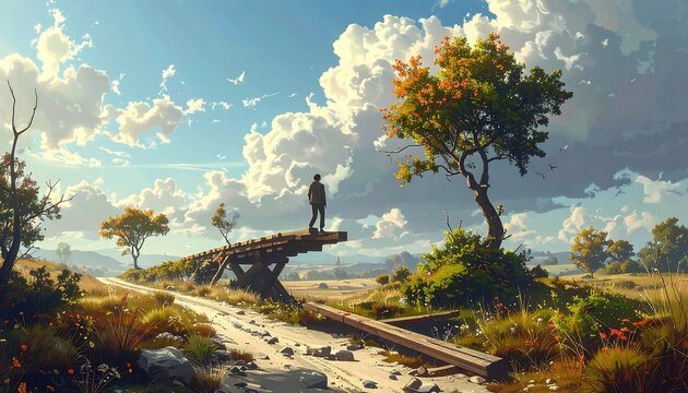 A person gazes from an aged bridge over grassy terrain, with a vibrant sky filled with puffy clouds