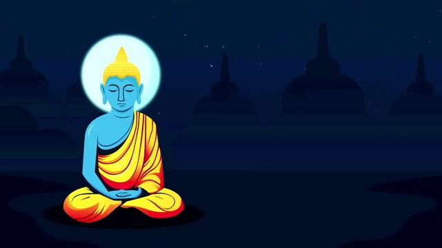 Buddha statue illustration meditating with a glowing aura against Borobudur temple silhouettes.