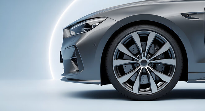 Front view of a modern sports sedan wheel arch and alloy rim