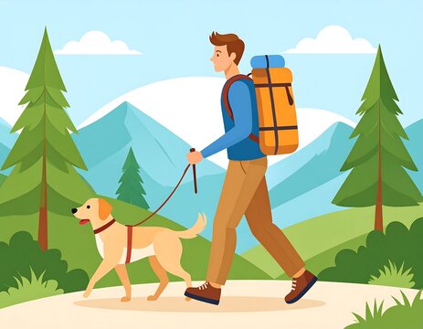 A person hikes with a dog in a mountainous landscape, carrying a backpack and using a walking stick