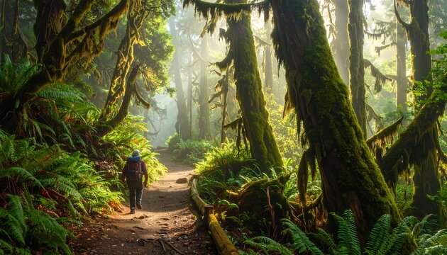 A person hikes along a path, through a lush green forest, sunbeams filtering through the foliage