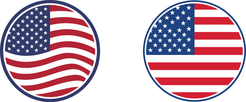 USA flag round badge icon set with wavy and straight american flags vector