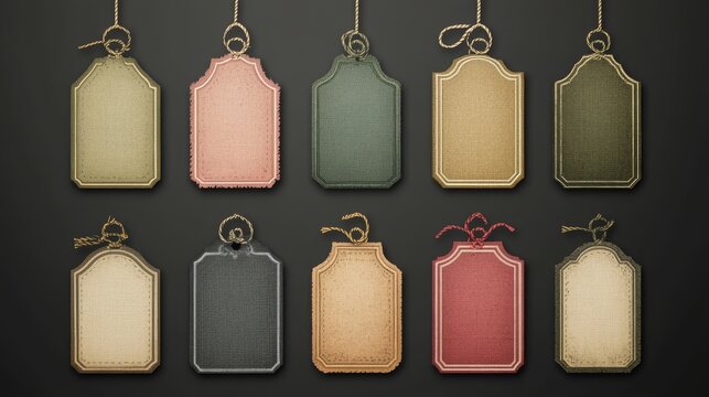 Vector art of classic vintage clothing labels with looped thread corners and subtle worn fabric textures in pastel and earth tones, organized symmetrically