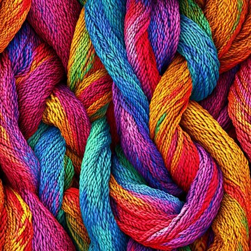 High-detail textile background of rainbow cotton yarn, densely packed and curved in motion, vibrant travel-inspired woven pattern