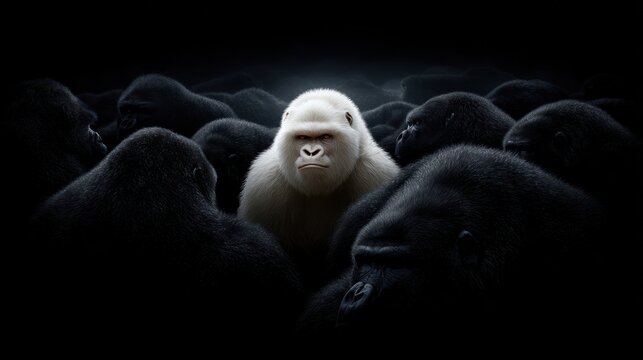 Albino gorilla standing out surrounded by dark gorillas dramatic lighting