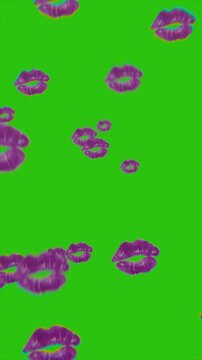 lips kissing icons floating upwards, on green screen background
