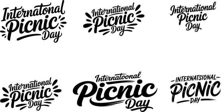 International Picnic Day typography bundle set with six different black lettering styles including script, bold and retro designs on white background