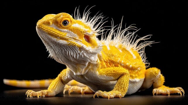 Vibrant bearded dragon reptile in profile against a black background