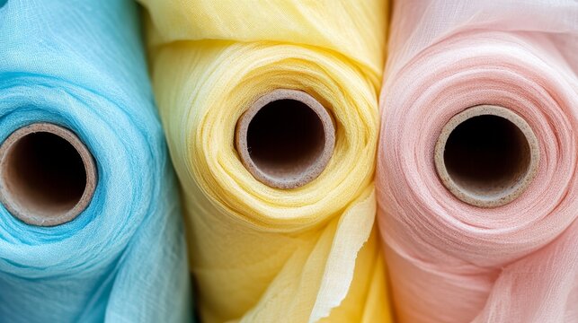 Isolated high-resolution image of colorful textile rolls, including pale yellow, dusty rose and aqua blue, perfect for sewing or fashion theme
