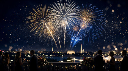 Fototapeta premium Celebratory fireworks with 'Happy Independence Day' against a starry night sky Festive fireworks explode in the night sky celebrating