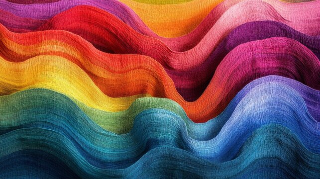 Flowing waves of multicolored cotton thread in vivid rainbow hues, arranged in tight, undulating layers evoking traditional Guatemalan weaving