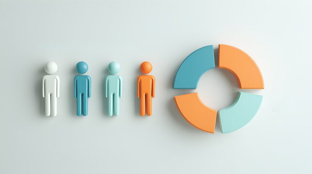 Four distinct colorful human figures aligned beside a segmented donut chart representing business data.