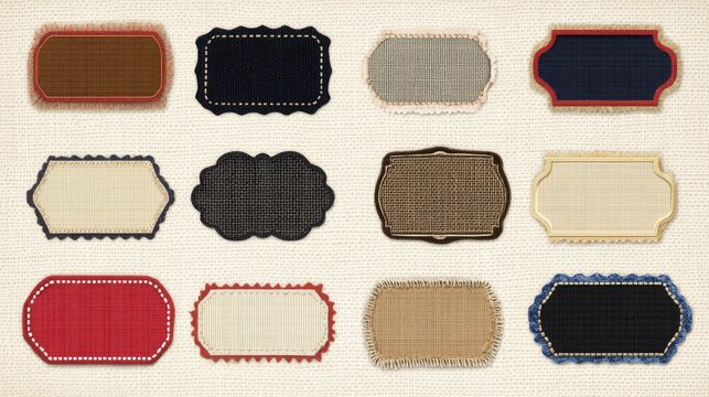 Flat lay vector illustration of sewn fabric labels in various vintage styles, featuring textured edges, zigzag stitches, and frayed hems, arranged in a grid on neutral canvas texture