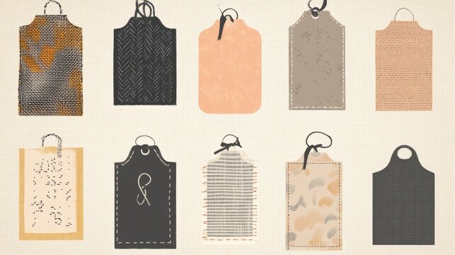 Flat lay vector illustration of sewn fabric labels in various vintage styles, featuring textured edges, zigzag stitches, and frayed hems, arranged in a grid on neutral canvas texture
