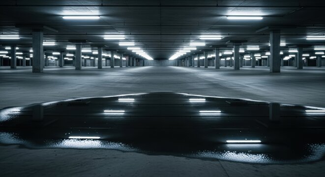 An endless, empty parking garage at 3 AM, with concrete pillars receding into darkness, a single puddle reflecting fluorescent lights