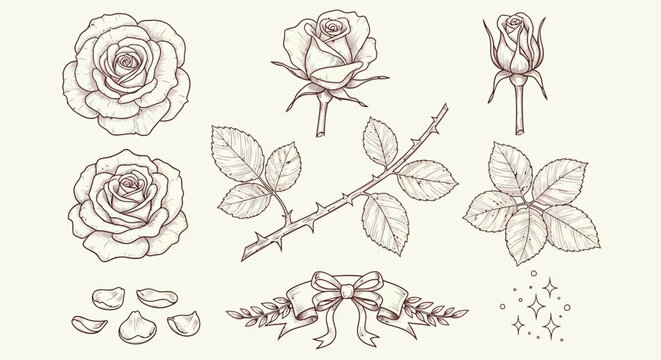 Rose flowers, leaves, and thorns illustrations, line art, floral design elements