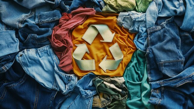 Colorful textile scraps creatively shaped into recycling icon, surrounded by folded jeans, shirts and socks, promoting sustainability theme