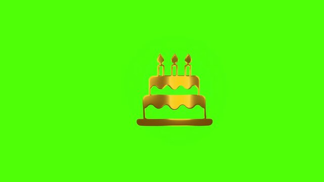 Birthday cake golden icon on green screen and white background chroma key animation for celebration and holiday videos