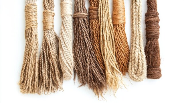 Collection of assorted natural fiber cords and twine lying flat on white, showcasing coarse and smooth textures with visible strands and frayed ends