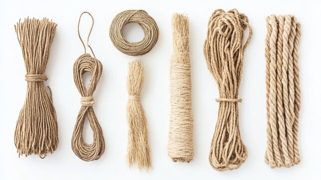 Collection of assorted natural fiber cords and twine lying flat on white, showcasing coarse and smooth textures with visible strands and frayed ends