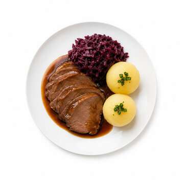 Piatto tedesco con carne arrosto cavolo rosso e canederli. Generative AI 