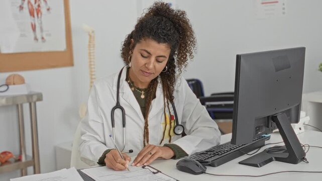 Woman doctor with stethoscope writing on clipboard at desk, computer and anatomical models visible in medical building; friendly care.