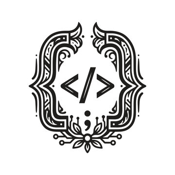 Decorative code bracket symbol with semicolon.