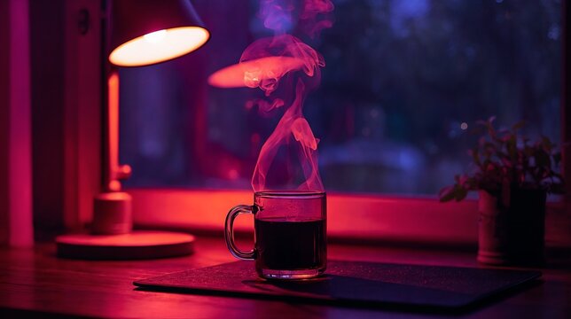 Cozy Minimalist Workspace at Night with Neon Ambient Lighting and Rain
