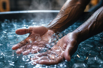 Fototapeta premium Cooling hands in icy water create refreshing sensation, showcasing beauty of contrast between warmth and cold