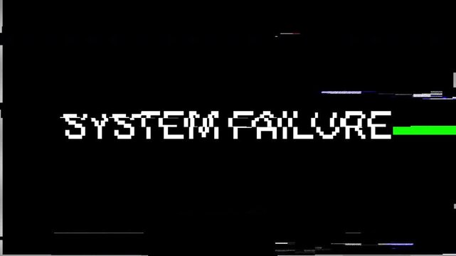 System Failure Digital Glitch Error Screen on Black Background. 4K