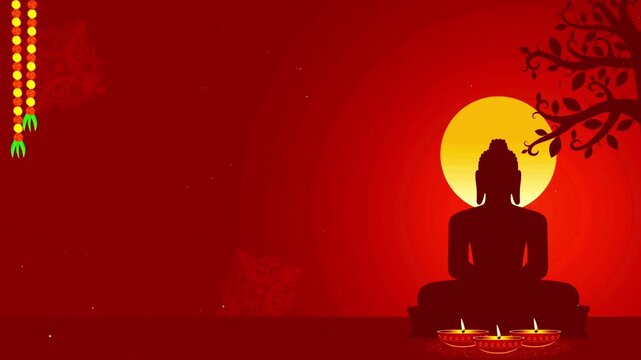 Buddha statue silhouette meditating beside tree and burning oil lamps under a full moon.