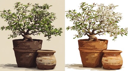 Fototapeta premium Cultivated miniature trees displayed in contrasting verdant and blossoming states side by side
