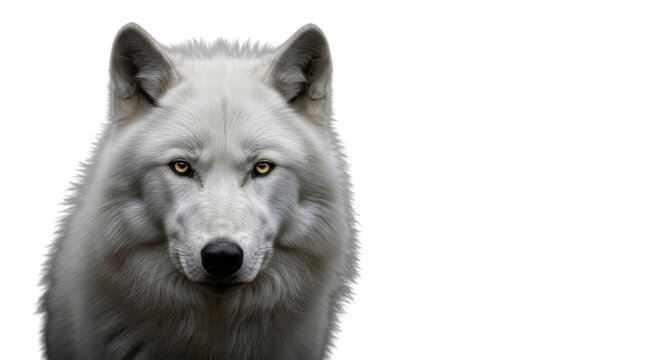 majestic transparent arctic wolf, extreme close-up studio portrait with thick fur and piercing yellow eyes, dramatic chiaroscuro lighting on a deep black background, concept of untamed majesty