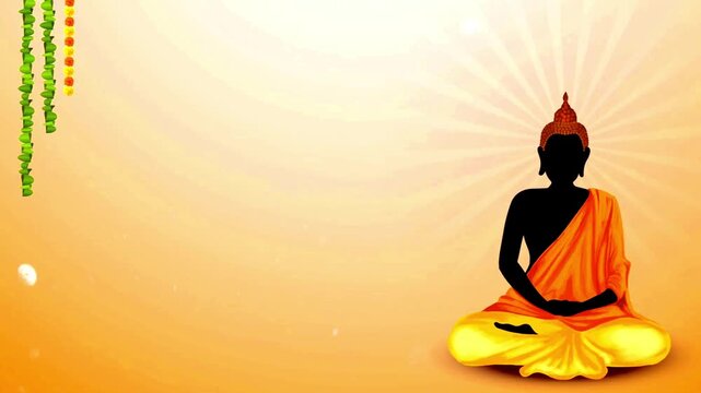 Buddha statue wearing an orange robe meditating against a sunburst background with flower garlands.