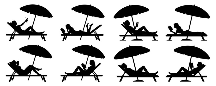 Silhouette of girl sunbathing on the beach, Silhouette vector a person relaxing on beach chair, Beach Chair and umbrella silhouette vector