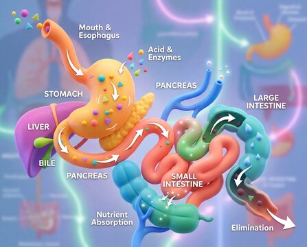 Educational 3D Illustration Detailing the Human Digestive System Process with Anatomical Labels for Biological Study and Medical Understanding